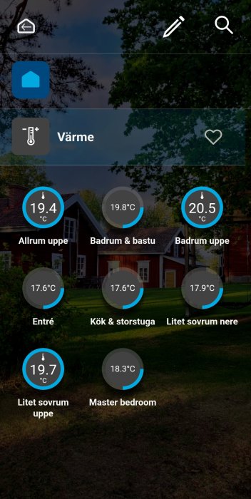 Skärmdump av smart hem-app med temperaturkontroll för olika rum i ett hus.