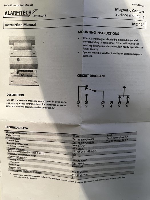 Anvisningsmanual för magnetkontakt, monteringsinstruktioner, teknisk data, kretsschema.