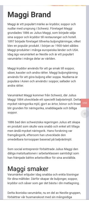 En text om Maggi-varumärkets historia, produkter och bidrag till matlagning, med fokus på buljong och kryddor.