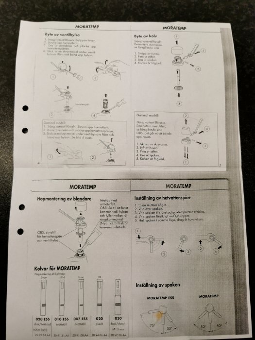 Instruktionsmanual för kranreparation och -installering, med steg-för-steg-bilder och delar.