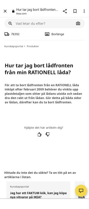 Instruktion för att avlägsna lådfront från IKEA's RATIONELL låda, feedback-knappar, sökfunktion, huvudmeny.