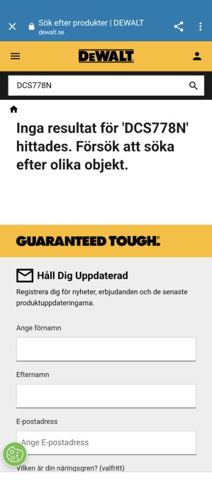 En skärmdump från DEWALTs webbplats, visar inga sökresultat, uppmanar till nyhetsbrevsprenumeration.