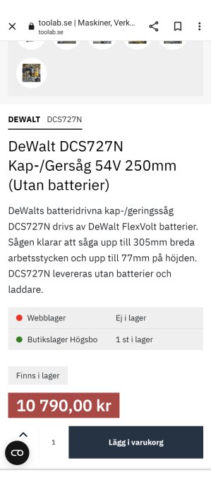 En webbsida som visar en DeWalt kap-/gersåg för 10 790 kr, utan batteri och laddare.