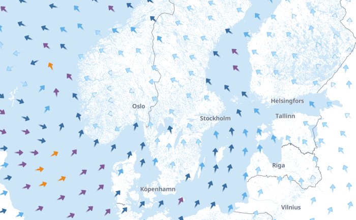 Karta över nordöstra Europa med vindpilar och städer som Stockholm, Oslo, Helsingfors markerade.