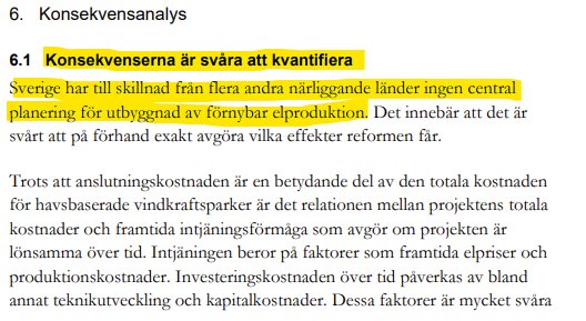 Svensk text om konsekvensanalys, energipolitik, svårighet att kvantifiera effekter, markerad mening.