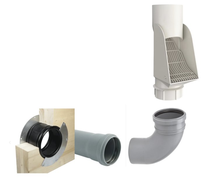 Ventilationskomponenter: ventiler, röranslutningar, genomföring, bockad rörsektion. Grå, vit, svart färgscheme. Industriella installationselement.