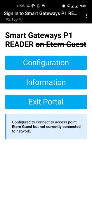 Skärmdump av inloggningsportal för Wi-Fi-nätverk med knappar för konfiguration, information och att lämna portalen.