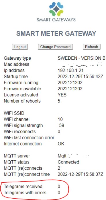 Gränssnitt för smart elmätargateway med statusinformation och nätverksinställningar, markerat "Telegrams received" - 0.