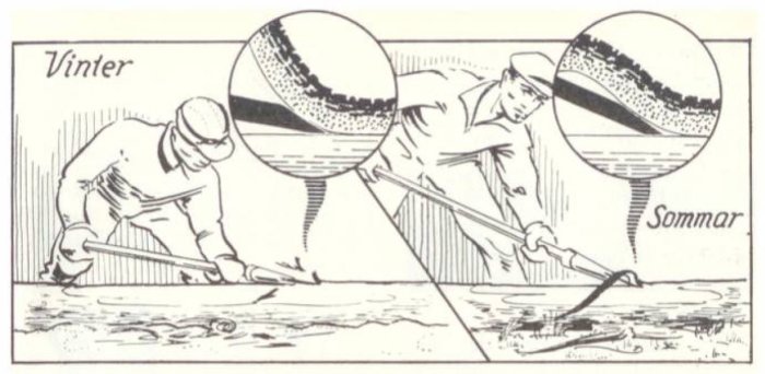 Svartvit illustration, två män, årstidsväxling, skär isblock, reflekterar sommar, optisk illusion, vinter och sommar.