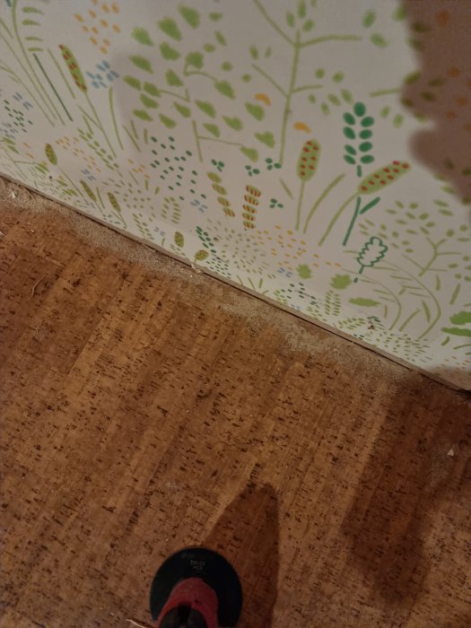 Vägg med blommigt mönster, trägolv och en person i röda skor.