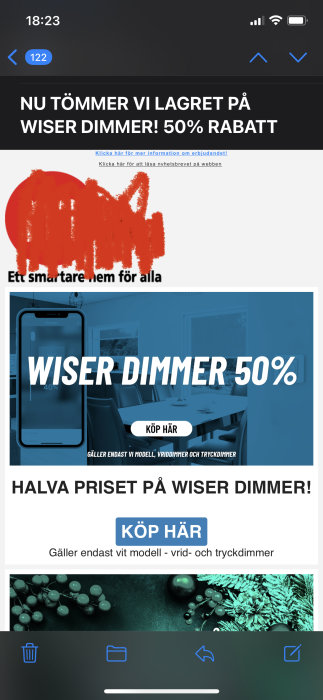 Reklam för lagerrensning, Wiser Dimmer, 50% rabatt, "Ett smartare hem för alla".