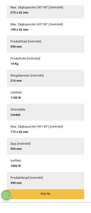 Skärmklipp av egenskaper för en såg, inkluderar mått, effekt, vikt, knapp "Köp Nu".