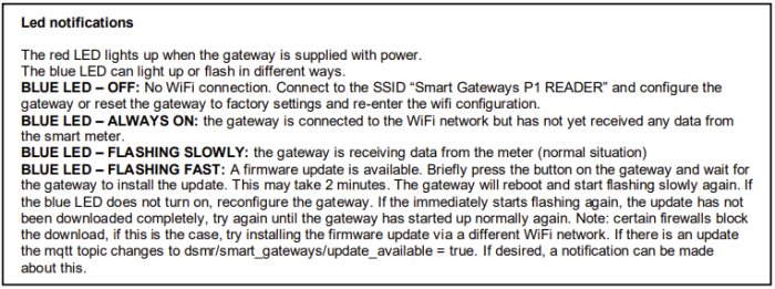 Instruktioner för LED-indikeringar på en gateway: röd ström, blå WiFi och uppdateringar, blinkningsmönster visar status.