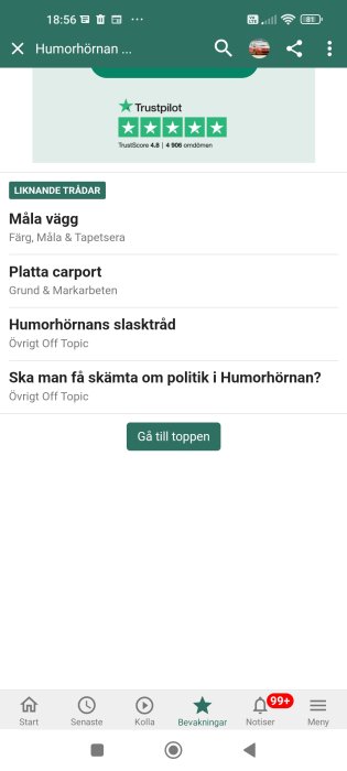 Skärmdump av forum med diskussionstrådar, Trustpilot-reklam, mobilstatusikoner, och navigeringsmeny.