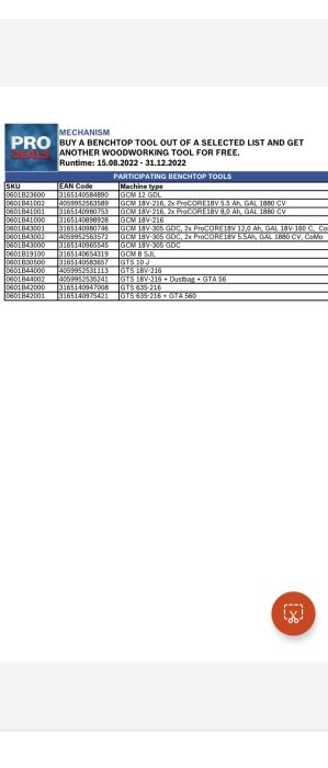 Bild på erbjudande: köp bänkverktyg, få träbearbetningsverktyg gratis. Lista på produkter, datum, SKU, EAN, maskintyp.