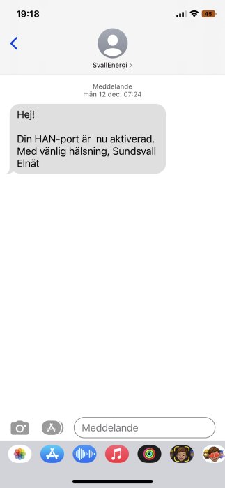 Skärmdump av ett textmeddelande som bekräftar aktivering av en HAN-port från "SvallEnergi".