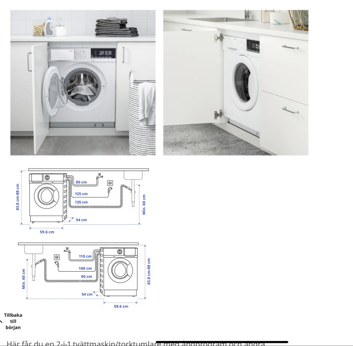 Tvättmaskin i vitt kök, ritningar nedan visar mått och installation, text på svenska.