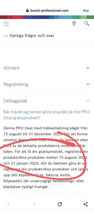 Skärmdump av en webbsida med FAQ, markering i rött, mobil webbläsare, datum och registreringsdetaljer synliga.