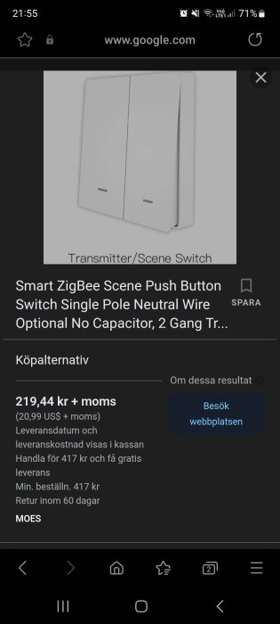 Skärmdump av en webbläsare med en ZigBee smartknappströmbrytare och prisinformation på svenska.