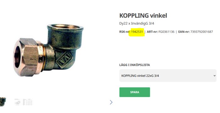 Vinkelkoppling för rör, metall, produktinformation och knapp för att lägga till i inköpslista.