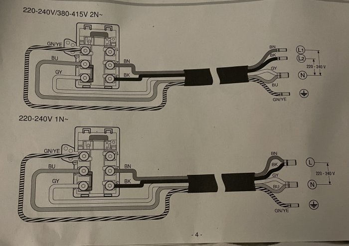 Elkopplingsscheman, en för trefas (övre) och en för enfas (nedre), installationsguide, elektrisk anvisning.