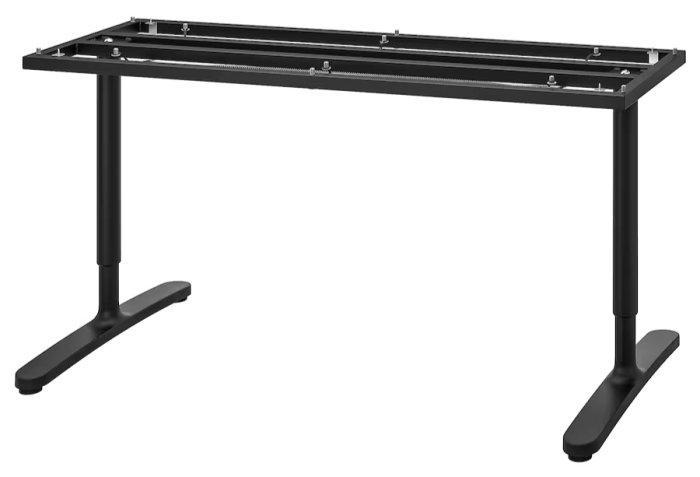 Svart, metallisk kontorsbordsställning utan bordsskiva, med T-formade ben och längsgående stödram.