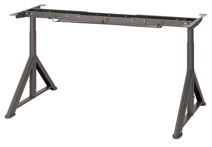 Justerbar, metallisk, triangulär, tvåbent skrivbordsställning utan bordskiva, grå, modern, stabil, ergonomisk design.