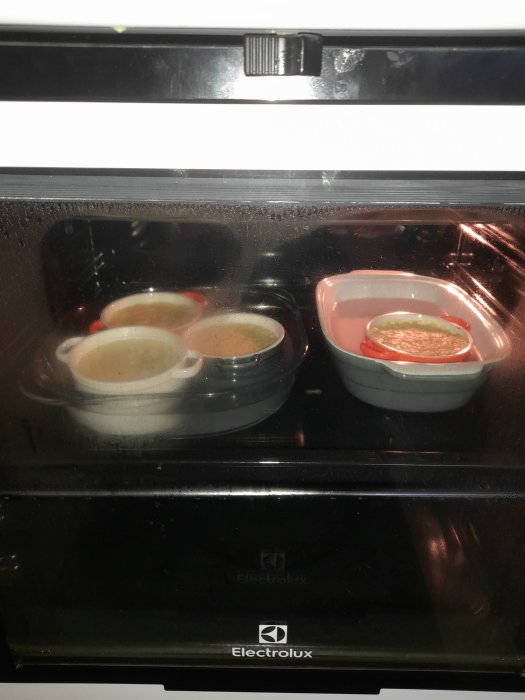Ugn med maträtter, eventuellt efterrätter, som bakas eller värms. Märket Electrolux synligt. Spegling och kondens på glaset.