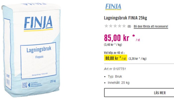En säck med Finja laggningsbruk, 25 kg, kostar 85 kr, mängdrabatt för 40 stycken.