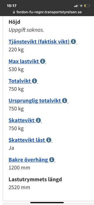 Webbsida som visar fordons information: höjd, tjänstevikt, maxlastvikt, totalvikt, skattevikt, och lastutrymmets mått.