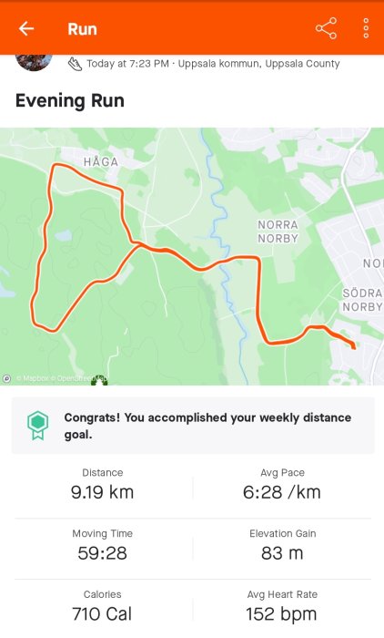 Skärmbild av löparapp som visar kvällsrunda på 9,19 km, tid, kaloriförbrukning och hjärtfrekvens i Uppsala.