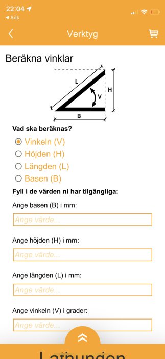 App-gränssnitt för beräkning av vinklar, visar en triangel med hjälp av höjd, längd och bas.