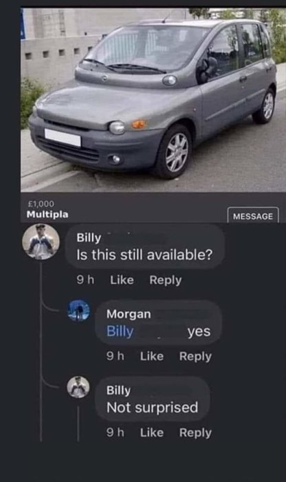 Bil till salu. Konversation på sociala medier. Person frågar om tillgänglighet, besvikelsen noteras. Humoristisk underton.