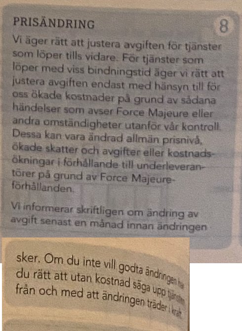 Svensk text om prisändring, rättigheter att justera avgifter, information om villkor, suddig bild.