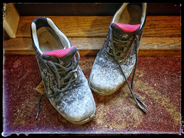 Slitna vandringskängor täckta med damm på en matta inomhus.