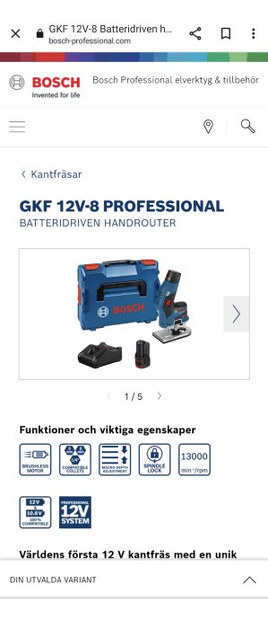 Bosch 12V-8 handfräs, batteridriven, tillbehör, blå förvaringslåda, funktioner: borstlös motor, spindellås.