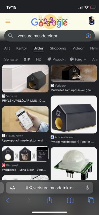 Skärmbild av en smartphonesökning efter "Verisure musdetektor" med bilder av smarta mössfällor och relaterade produkter.