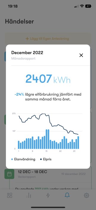 Mobilskärm visar elanvändningsrapport för december med diagram över konsumtion och elpriser.