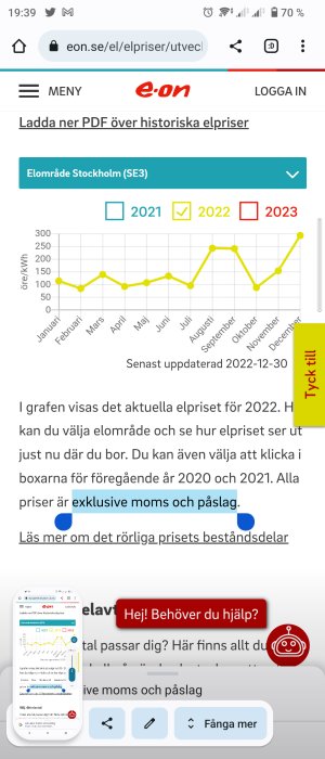 Mobilskärmdump: elprisgraf för Stockholm 2022, E.ON webbplats, chatbot, uppmaning till interaktion.