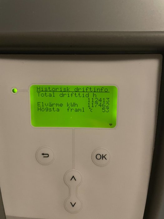 Digital display showing historical operation information, total operating hours, used heating power in kWh.