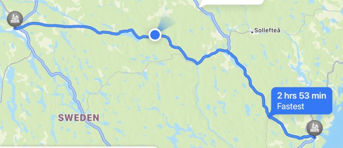 Kartskärm med rutt i Sverige, Sollefteå destination, resväg markerad, reseinformation.