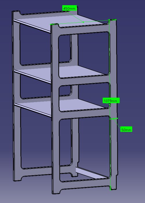 3D-renderad bild av hyllor, grålila ton, inkluderar måttangivelser.