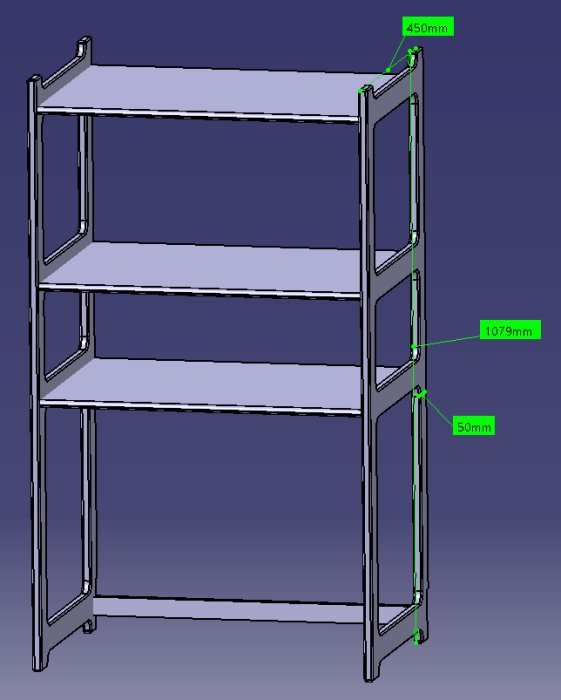 3D-ritning av en hylla med måttangivelser: 450mm, 1079mm och 50mm.