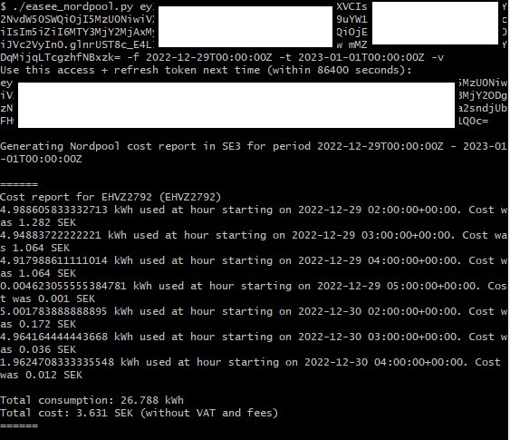 Skärmdump av en textfil som visar elanvändningsrapport och kostnad med kodsnuttar och token-information.