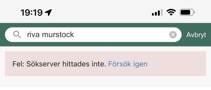 Skärmdump av sökmotor med felmeddelande "Sökserver hittades inte." Mobiltid, signal, Wi-Fi, batteri visade.