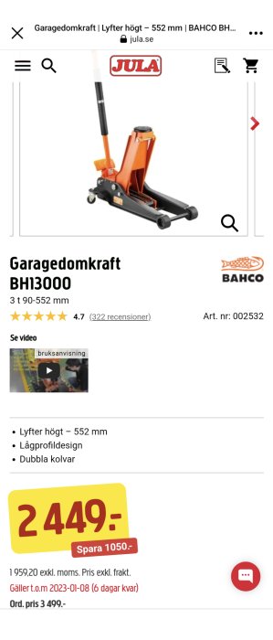 Garagedomkraft från Bahco, 3 ton, 90-552 mm lyfthöjd, lågprofildesign, dubbla kolvar, rea 2449 SEK.