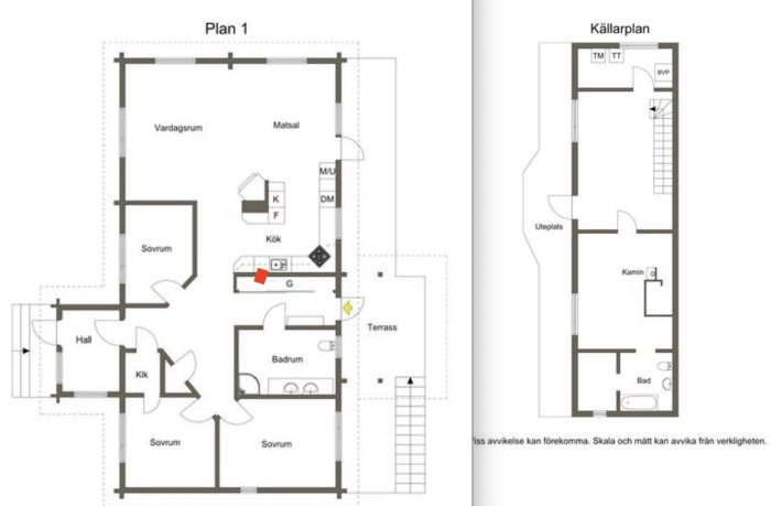 Två våningsritningar: en bostad med flera sovrum, vardagsrum, kök, matsal, badrum, terrass och källarplan.