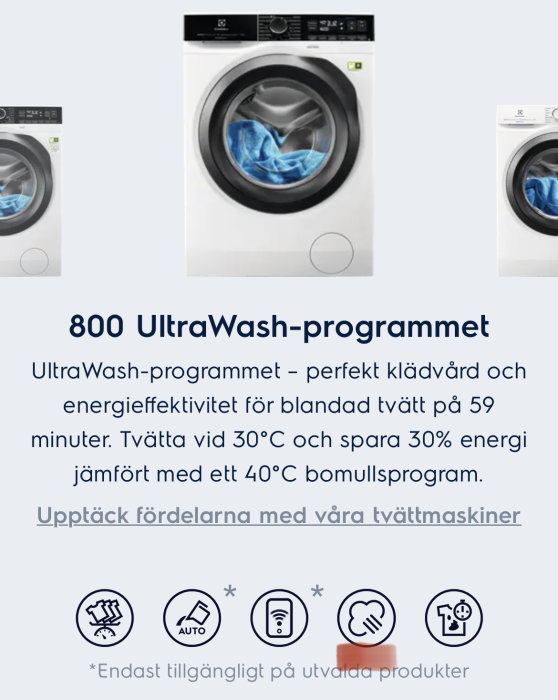 Tvättmaskiner annonseras med energieffektivt UltraWash-program, klädvård, energibesparing, och snabb tvättcykel.