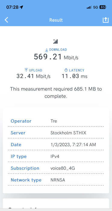 Skärmavbild av mobil internet hastighetstest: 569.21 Mbit/s nerladdning, 32.41 Mbit/s uppladdning, 11.03 ms latens.