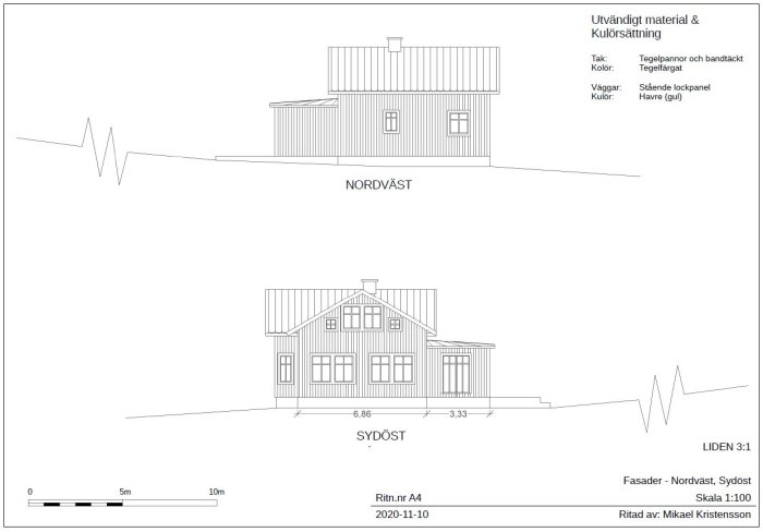 Arkitektritningar av en byggnad, nordväst och sydöst fasader, med materialbeskrivning, skala och datum.